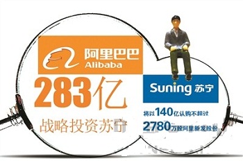 阿里巴巴与苏宁云商昨天在南京共同宣布达成全面战略合作，根据协议，阿里巴巴集团将投资约283亿元人民币参与苏宁云商的非公开发行，占发行后总股本的19.99%，成为苏宁云商的第二大股东;同时，苏宁云商将以140亿元认购不超过2780万股的阿里巴巴新发行股份，双方未来将展开全面合作。