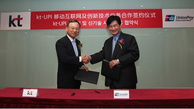 7月16日，银联国际与韩国KT集团共同宣布，全面启动在移动支付和创新技术交流方面的合作，合作内容涵盖NFC近场支付、移动支付、网上支付、跨境汇款、基于智能移动端的电子营销、金融科技业务交流等六大领域。银联国际董事长葛华勇、韩国KT集团董事长兼首席执行官黄昌奎出席合作签约仪式。